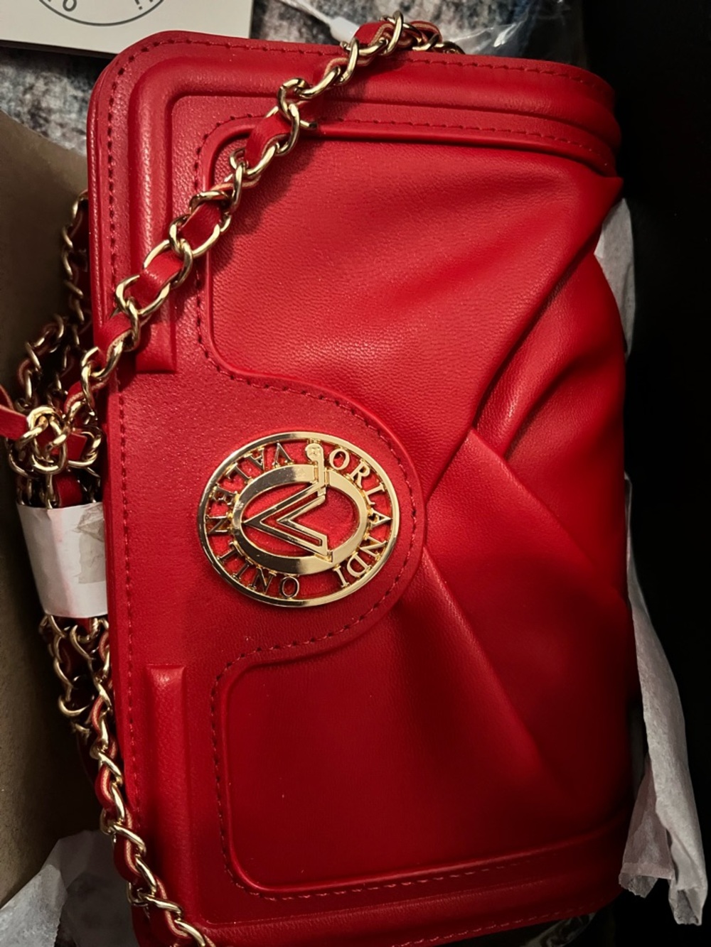 Red Quilted Crossbody Bag with Gold Chain and Logo Accent